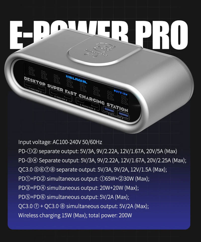 Mechanic E-Power Pro Desktop Charging Station 200W USB PD Wireless Charging Station