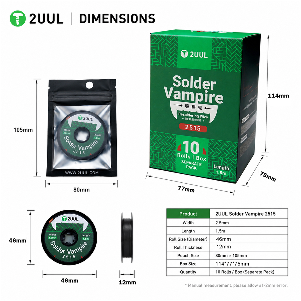 2UUL DW18 2515 Solder Vampire Desoldering Wick for PCB Solder Removal and Mobile Repair