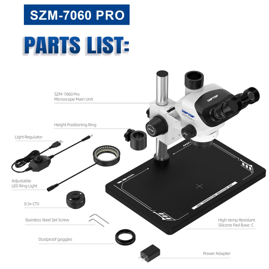 SOPTOP SZM-7060Pro (7X-60X) Trinocular Stereo Microscope With 0.5X Lens & LED Light