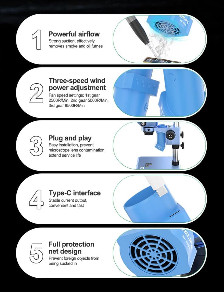 Relife RL-6600 Type-C Blue Microscope Smoke Extractor