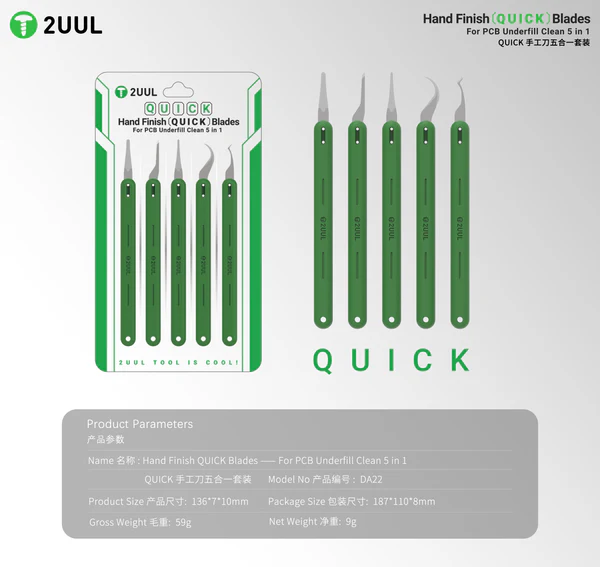 2UUL DA22 Hand Finish QUICK Blades Set for PCB Underfill Clean