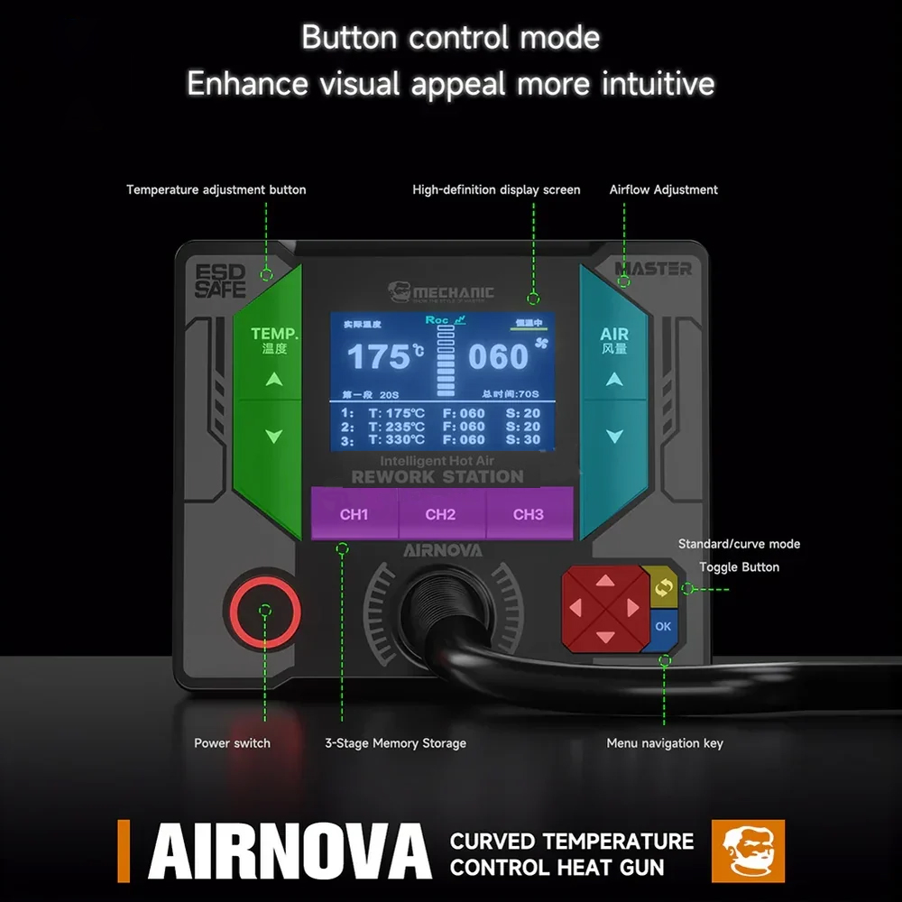 Mechanic Air Nova 1200W Curved Temperature Control Hot Air Gun Rework Station