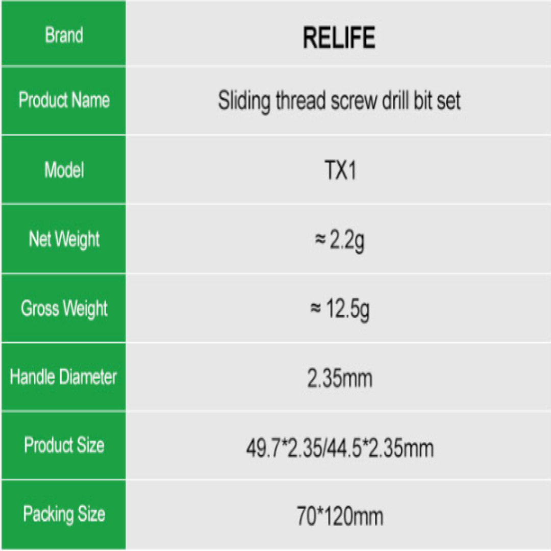 RELIFE TX1 Sliding thread screw drill bit set