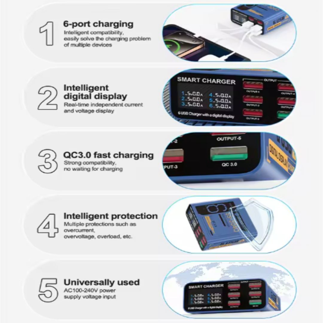 Sunshine Ss-304Q Black 6 Port Usb Charger