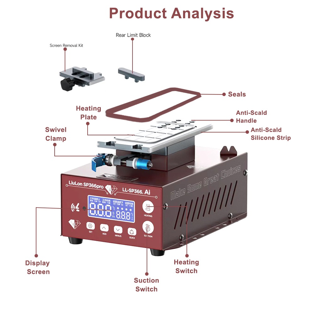 Liulon LL-SP366 Pro Ai Voice Controller 360° Adjustment 7-inch Double Suction Smart LCD Screen Separating Machine