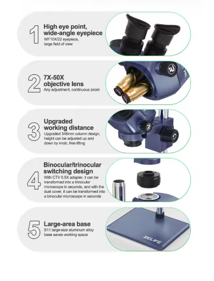 Relife RL-M7T Pro-B11 (0.5X) with 144 Led light (Indigo Blue) 7X-50X Continuous Zoom Trinocular HD Stereo Microscope