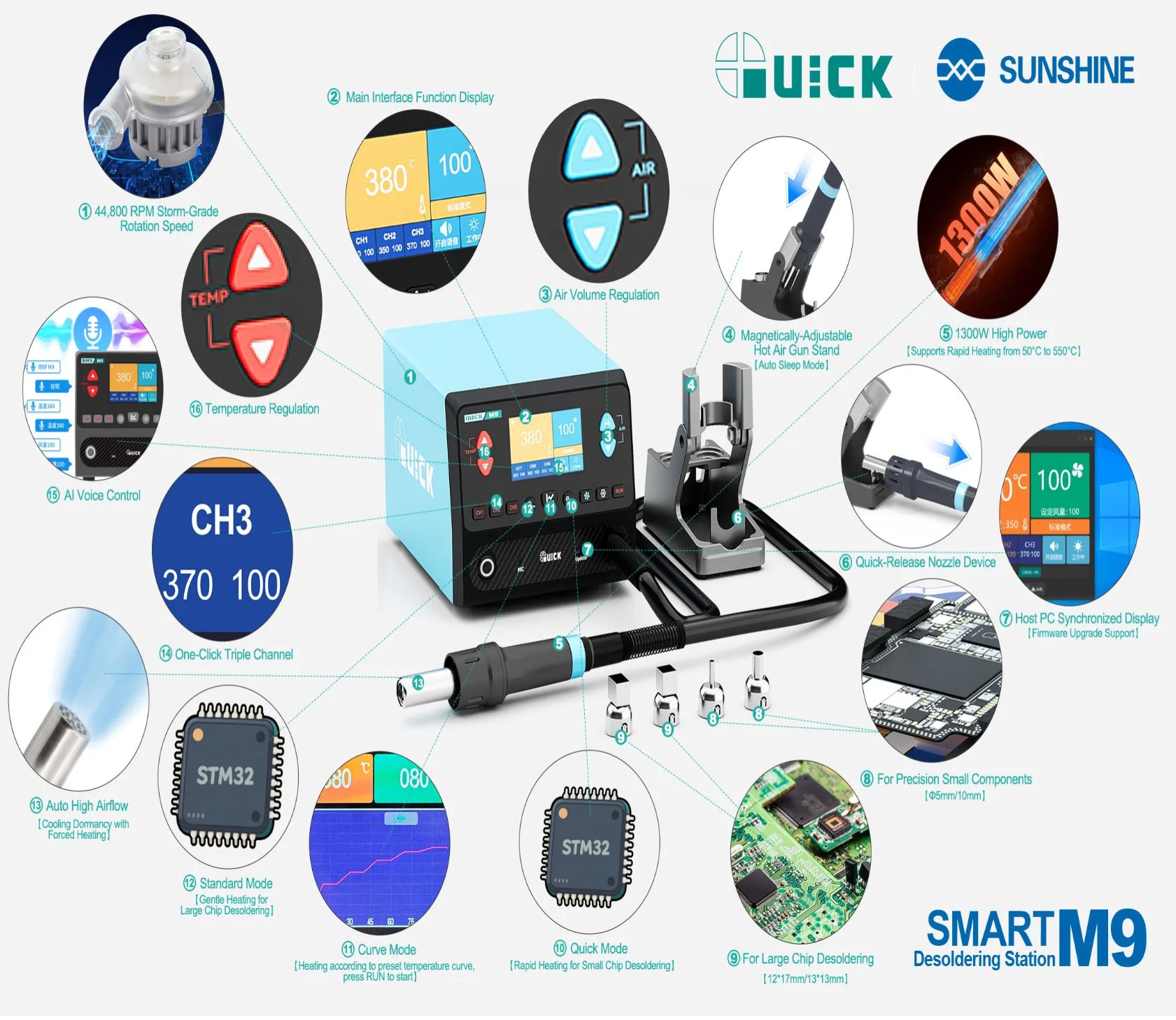 Quick M9 1300W AI Intelligent Voice Control 9 Channel Smart Lead-Free Hot Air Rework Station
