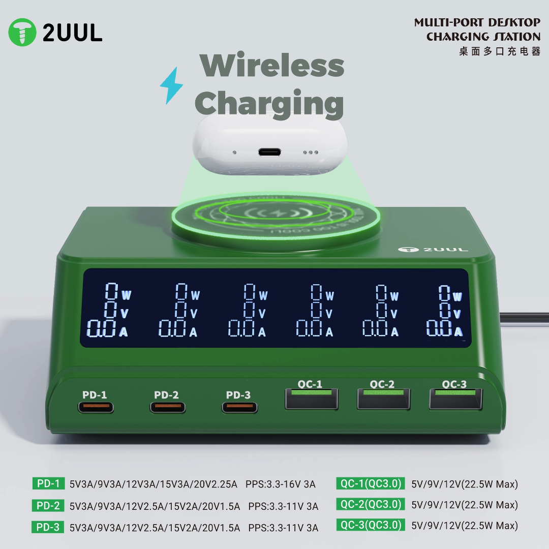 2uul PC11 110W Multi-Port PD And QC Desktop Charging Station with 15W Wireless Charging System 3