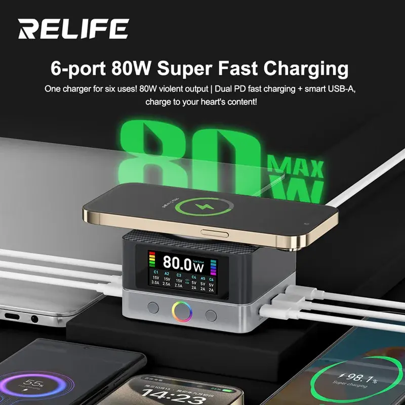 Relife Q7 80W 6-Port Smart Multi-Charger with 15W Wireless Charging