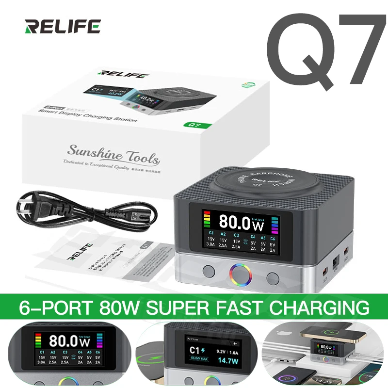 Relife Q7 80W 6-Port Smart Multi-Charger with 15W Wireless Charging